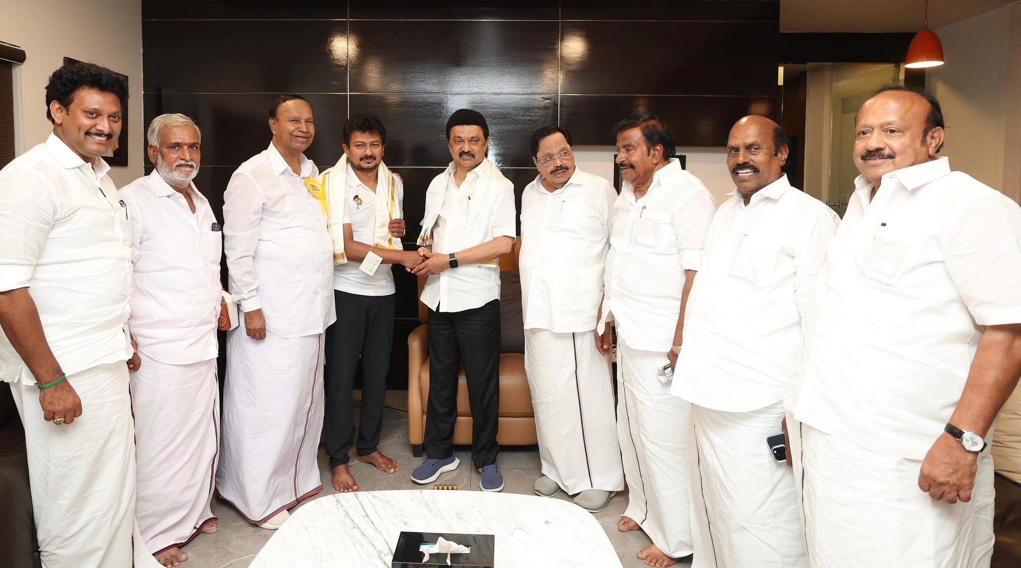 <div class="paragraphs"><p>Tamil Nadu Chief Minister M K Stalin with son and Deputy Chief Minister Udhayanidhi and other DMK leaders, September 29, 2024.</p></div>