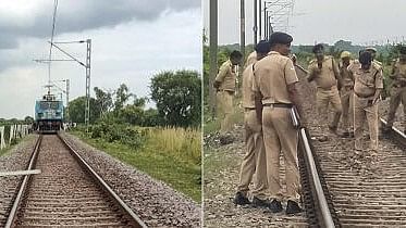 <div class="paragraphs"><p>In this combo photo, a cement pillar placed on a railway track in Mahoba, left, and policemen investigating after stones were found on a railway track in Ballia, right, in fresh attempts to derail trains in Uttar Pradesh.&nbsp;</p></div>