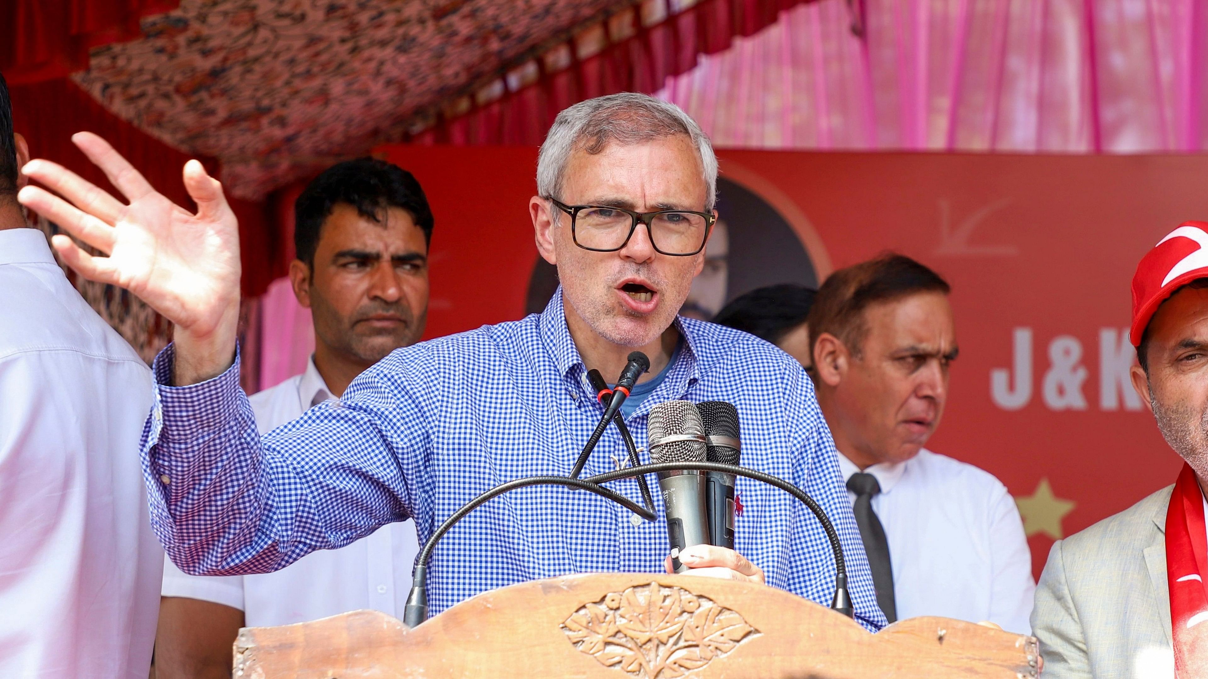 <div class="paragraphs"><p>Baramulla: Former J&amp;K chief minister and National Conference Vice President Omar Abdullah speaks during a public meeting for J&amp;K Assembly elections, at Tangmarg in Baramulla district, Jammu &amp; Kashmir, Saturday, Sept. 28, 2024. </p></div>