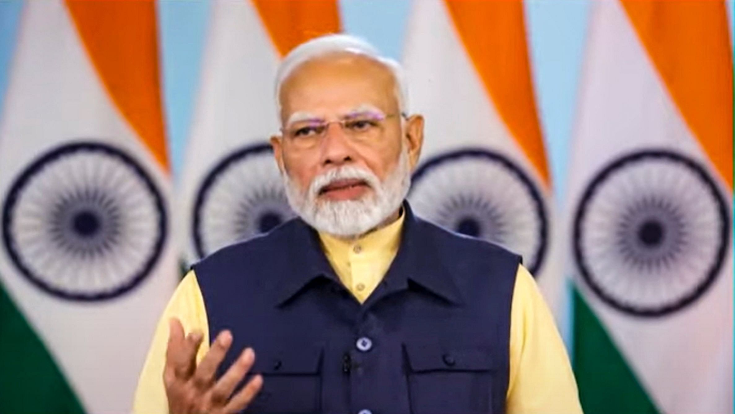 <div class="paragraphs"><p> Prime Minister Narendra Modi addresses the gathering via video conferencing during the foundation laying and inauguration of various projects in Maharashtra. </p></div>