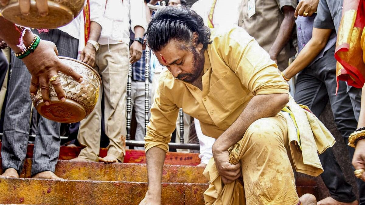 <div class="paragraphs"><p>Pawan Kalyan takes part in a purification ritual, as part of his 11-day penance to propitiate the deity amid the Tirupati laddu controversy in Vijayawada.</p></div>