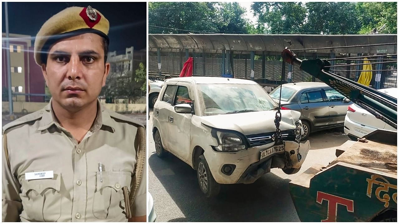 <div class="paragraphs"><p>(From L to R) Delhi Police Constable Sandeep; A damaged car that was involved in an accident, outside Nangloi police station, in New Delhi, Sunday.</p></div>