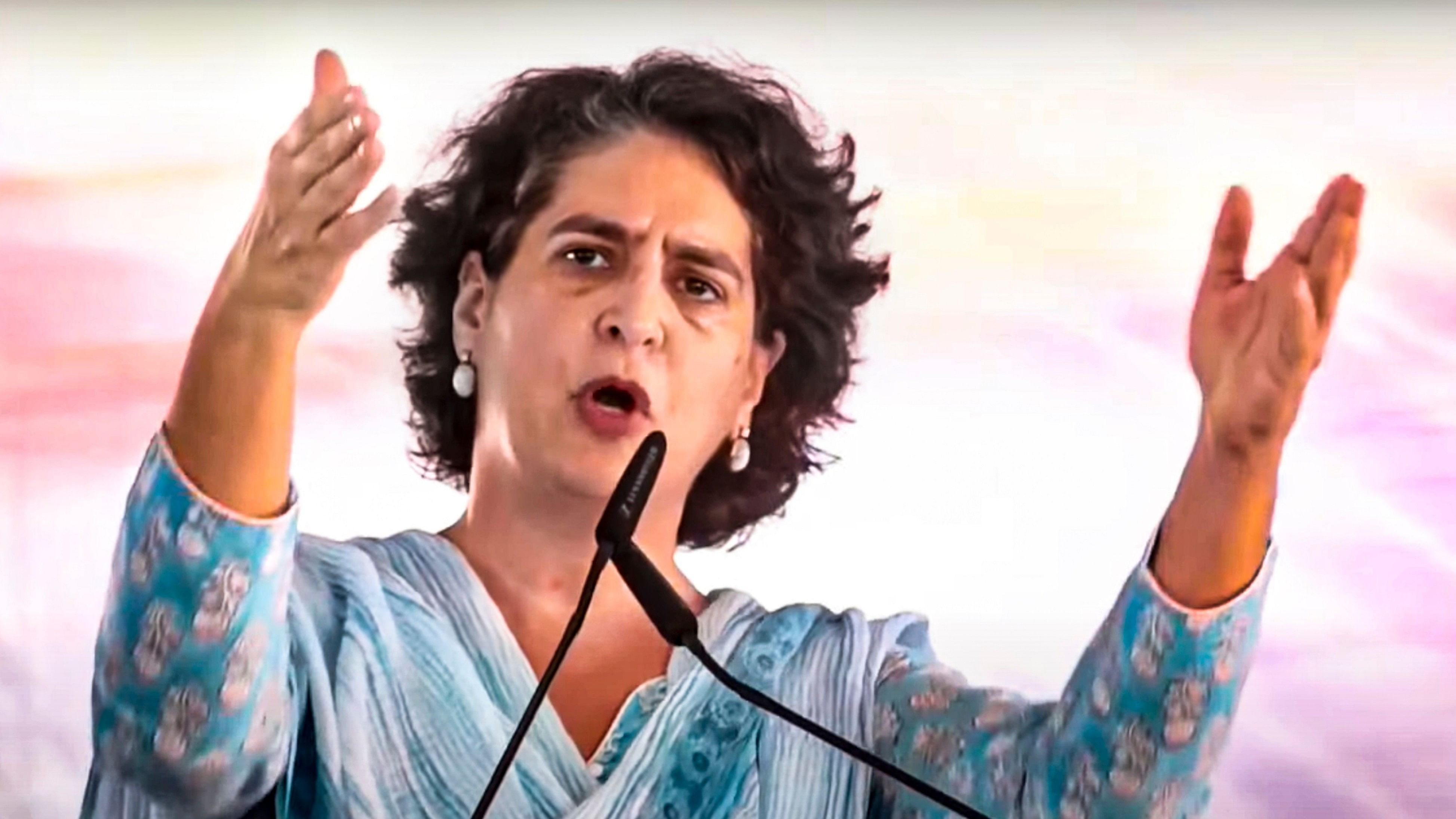 <div class="paragraphs"><p>AICC General Secretary Priyanka Gandhi speaks during a public meeting for Haryana Assembly elections, at Naraingarh, in Ambala district, Haryana, Monday, Sept. 30, 2024. </p></div>