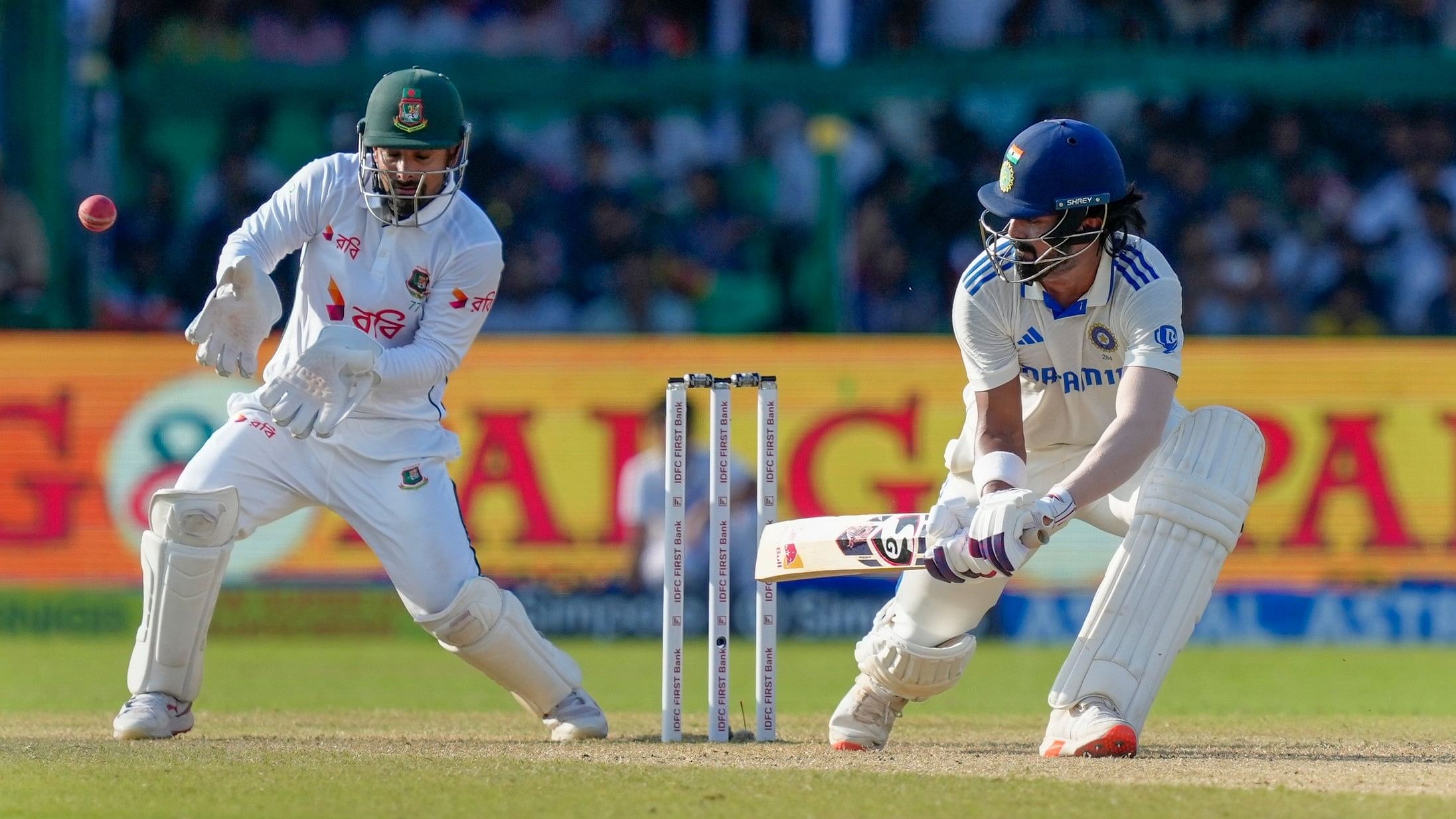 <div class="paragraphs"><p>India's batter KL Rahul plays a shot during the fourth day of the 2nd Test cricket match between India and Bangladesh, at the Green Park stadium, Kanpur.</p></div>