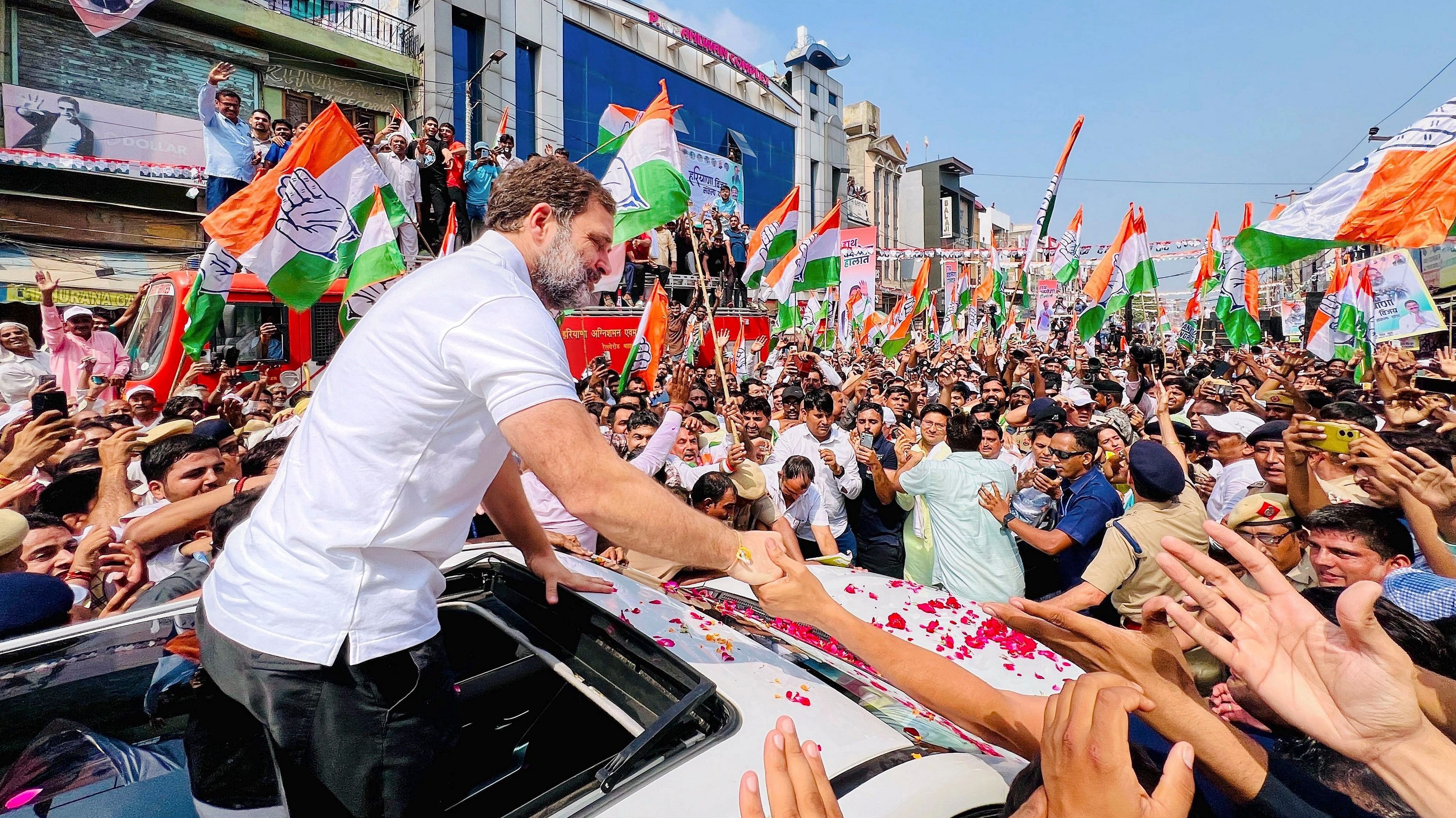 <div class="paragraphs"><p> Leader of Oppostion in Lok Sabha and Congress leader Rahul Gandhi during his 'Haryana Vijay Sankalp Yatra' ahead of Haryana Assembly elections, on Tuesday, Oct. 1, 2024. </p></div>