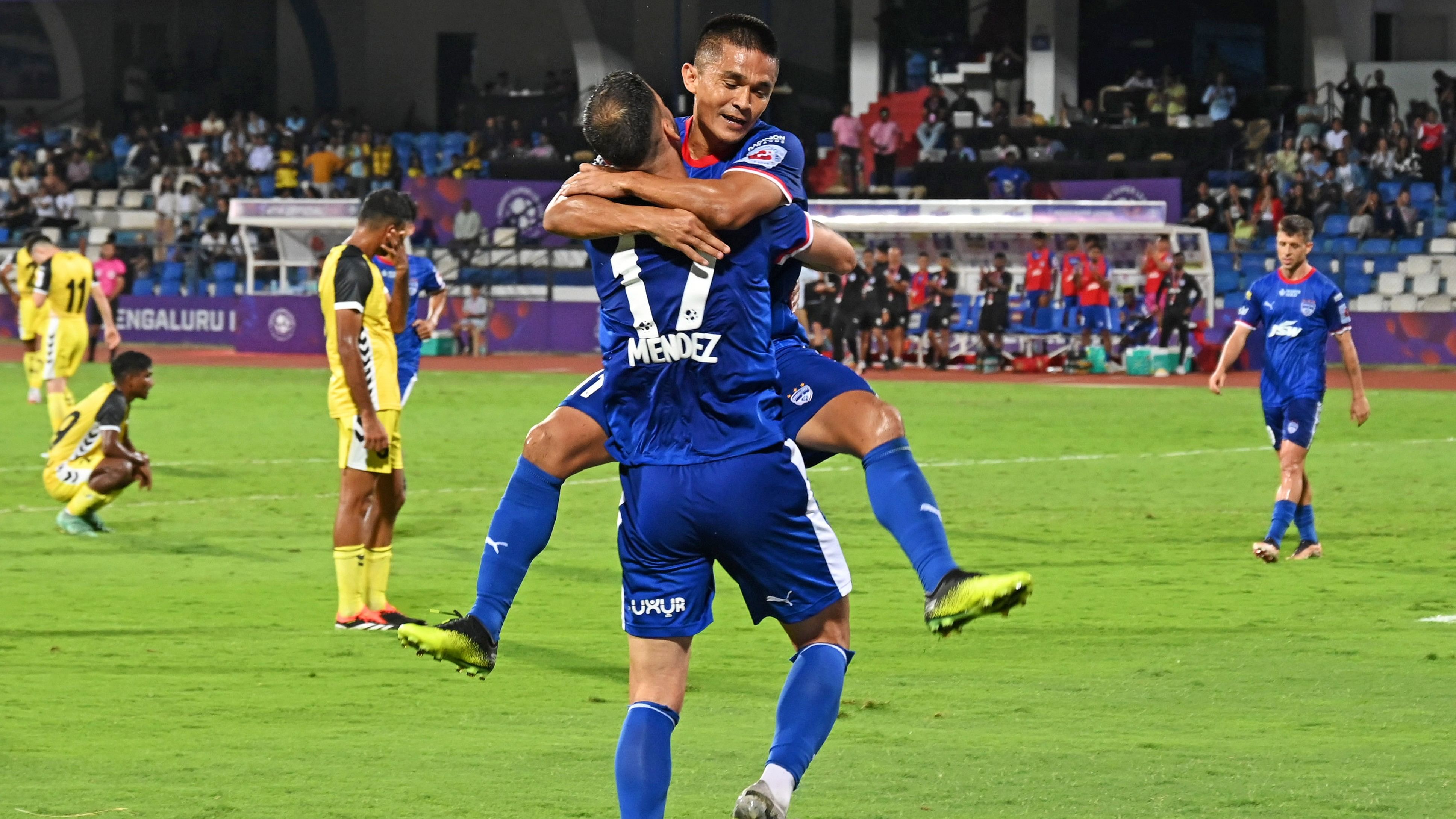 <div class="paragraphs"><p>Bengaluru FC's Sunil Chhetri celebrates after scoring a goal against Hyderabad FC</p></div>