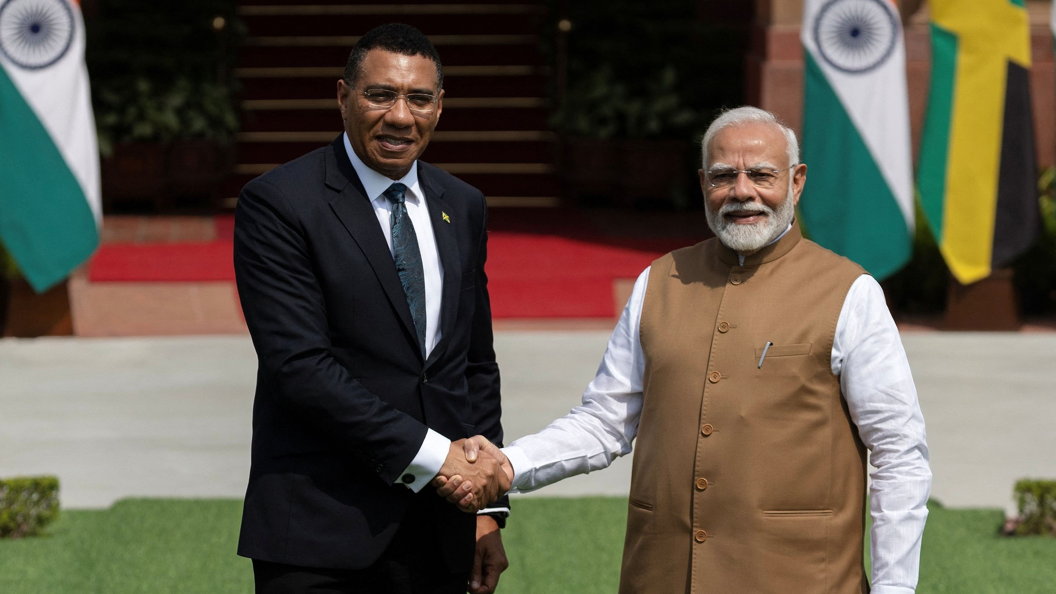 <div class="paragraphs"><p>Jamaica's Prime Minister Andrew Holness shakes hands with his Indian counterpart Narendra Modi before their meeting at the Hyderabad House in New Delhi, October 1, 2024. </p></div>