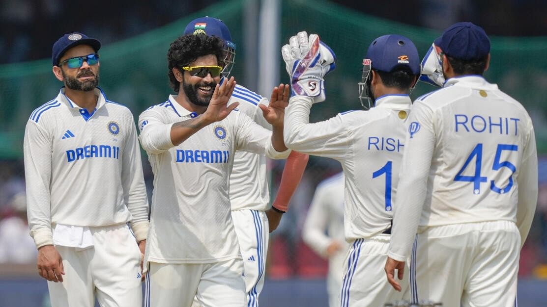 <div class="paragraphs"><p>India's bowler Ravindra Jadeja celebrates the wicket of Bangladesh's batter Shakib Al Hasan during the fifth day of the 2nd Test cricket match between India and Bangladesh, at the Green Park stadium, Kanpur, Tuesday, Oct. 1, 2024. </p></div>