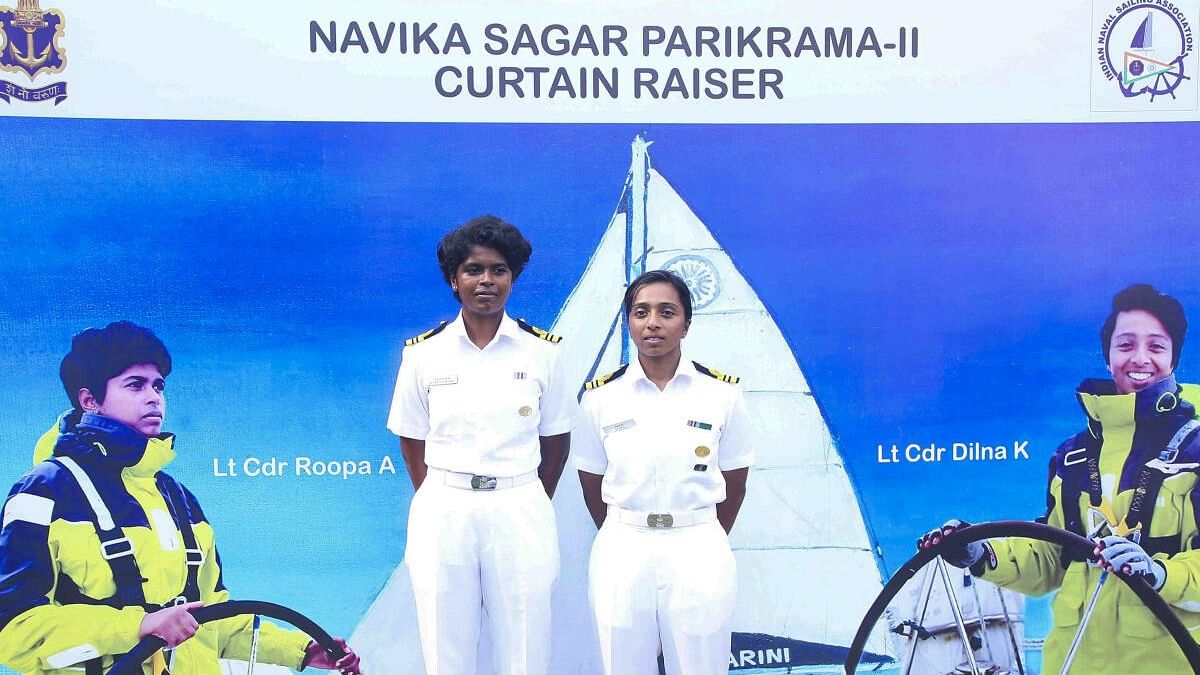 <div class="paragraphs"><p>Indian Navy women officers, Lt Cdr Dilna K and Lt Cdr Roopa A, during a curtain raiser event on the mission of circumnavigating the globe with the second edition of Navika Sagar Parikrama expedition.</p></div>