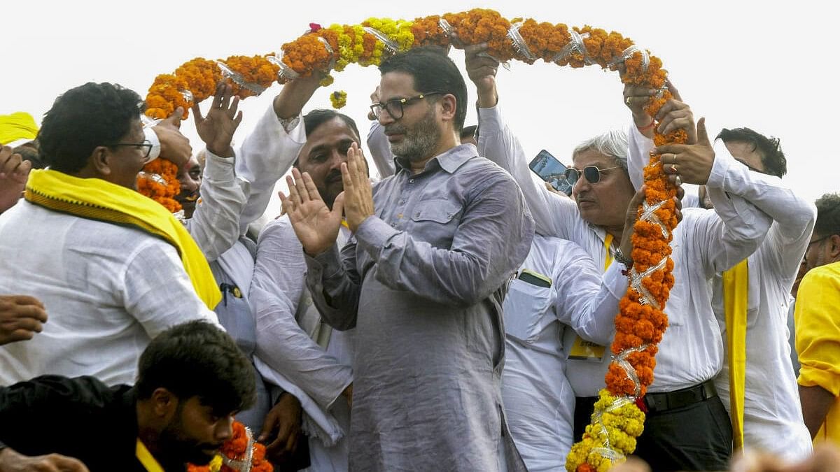 <div class="paragraphs"><p>Prashant Kishor being garlanded by supporters during the formal launch of his new party.</p></div>