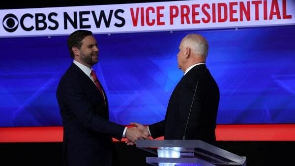 <div class="paragraphs"><p>Democratic vice presidential nominee Minnesota Governor Tim Walz and Republican vice presidential nominee US Senator JD Vance shake hands at the end of the Vice Presidential debate hosted by CBS in New York.</p></div>