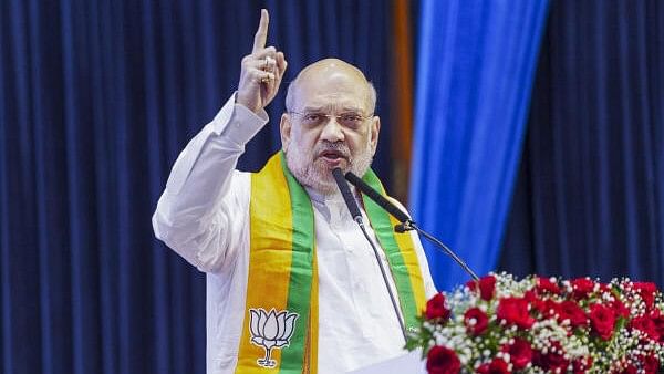 <div class="paragraphs"><p>Union Home Minister Amit Shah addresses BJP workers during a meeting, in Mumbai.</p></div>