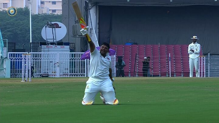 <div class="paragraphs"><p>Mumbai's Sarfaraz Khan celebrates after completing his double century against Rest of India in the Irani Cup tie in Lucknow.</p></div>