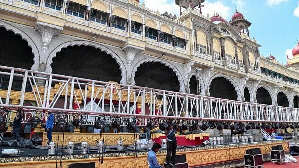 <div class="paragraphs"><p>The stage being set for Dasara cultural programmes in front of&nbsp; the Mysuru Palace. </p></div>