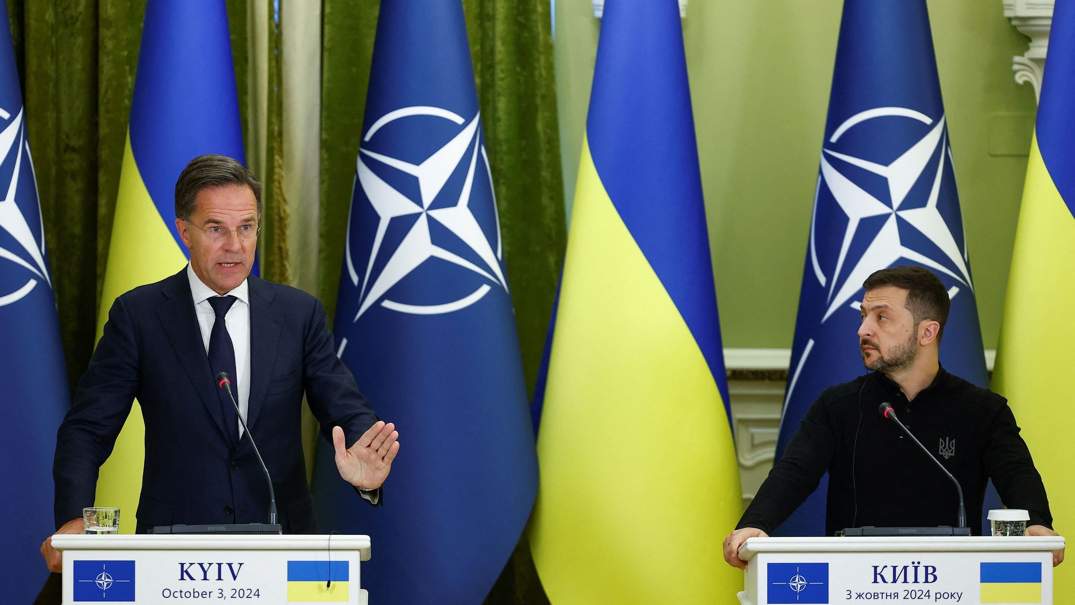 <div class="paragraphs"><p>Ukraine's President Volodymyr Zelenskyy and NATO Secretary General Mark Rutte attend a press conference, amid Russia's attack on Ukraine, in Kyiv, Ukraine October 3, 2024. </p></div>