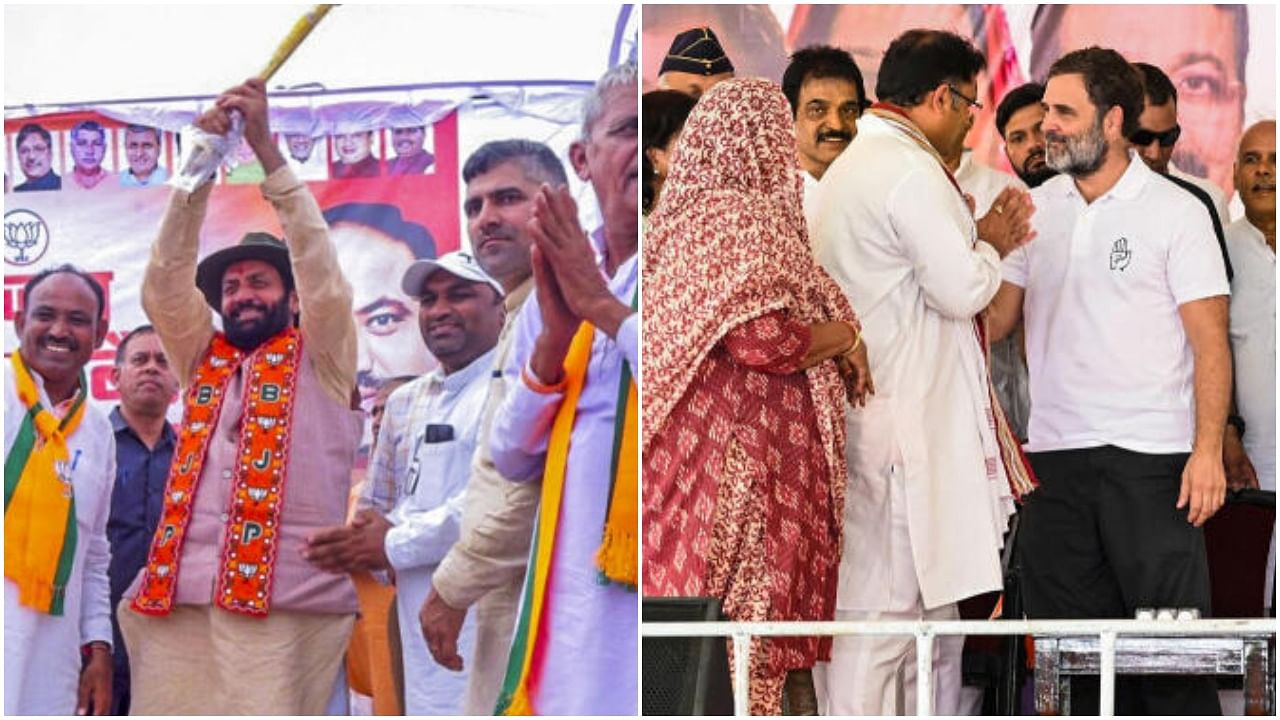 <div class="paragraphs"><p>Haryana CM Nayab Saini at a public meeting in support of BJP candidate Kapoor Valmiki (L),&nbsp;Rahul Gandhi with former BJP leader Ashok Tanwar as the latter joins Congress.&nbsp;</p></div>