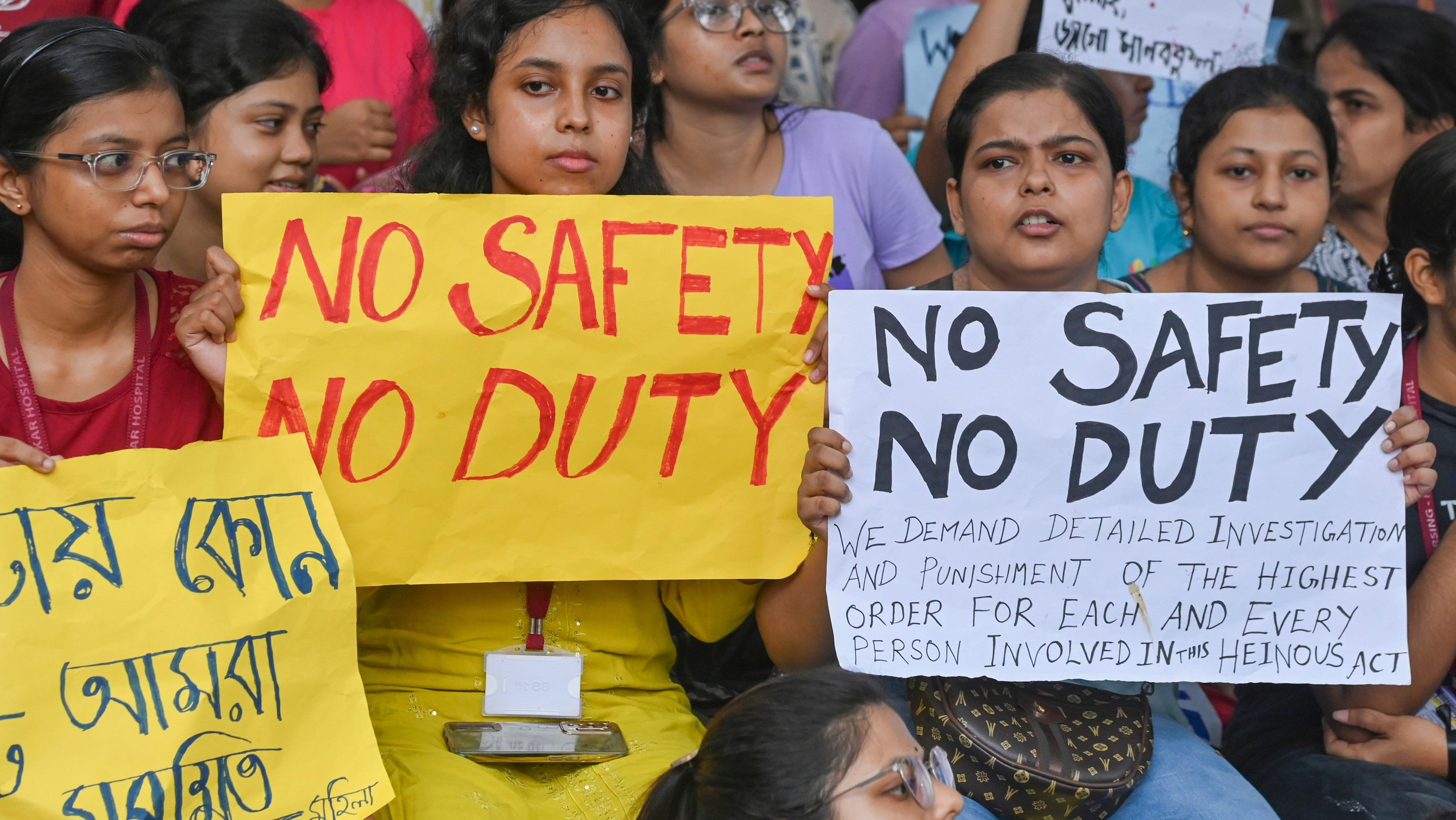 <div class="paragraphs"><p>Kolkata: Doctors and nursing staff protest against the recent the rape and murder of a woman doctor inside the RG Kar Medical College and Hospital, in Kolkata.</p></div>