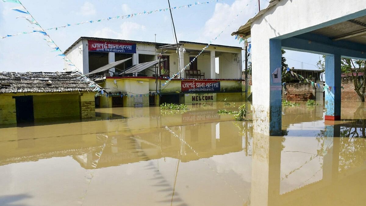 <div class="paragraphs"><p>Jalai police station partially submerged due to floods, in Saharsa district of Bihar.</p></div>