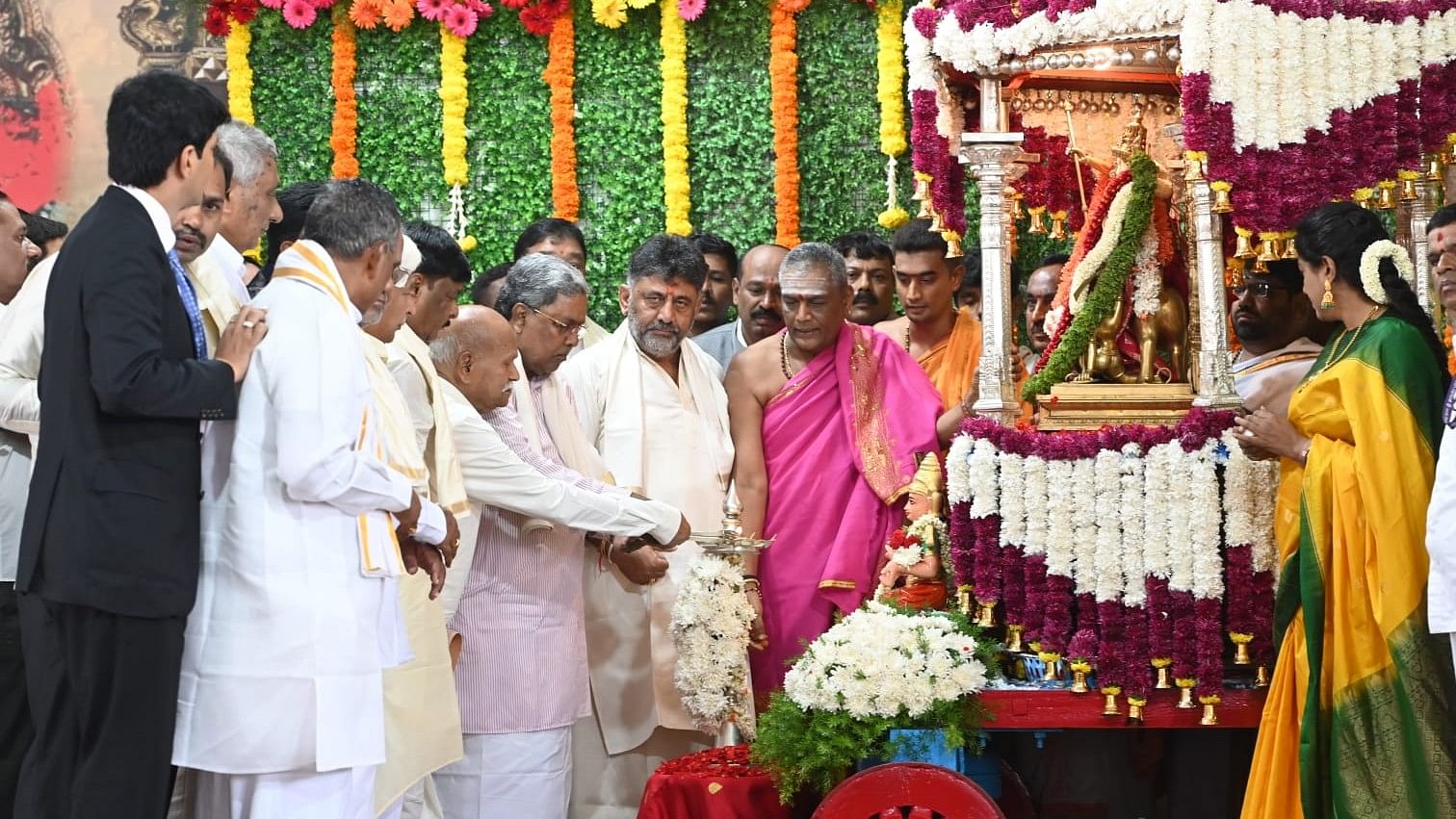 <div class="paragraphs"><p>Idol of Goddess Sri Chamundeshwari, housed in a silver mantapa, on a stage next to Sri Chamundeshwari Devi temple atop Chamundi hill in Mysuru. </p></div>