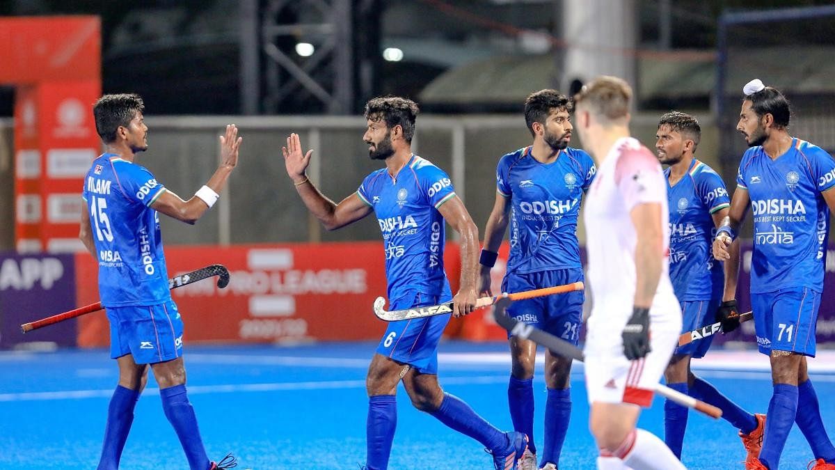 <div class="paragraphs"><p> Indian players celebrate after scoring a goal during the Men’s FIH Pro League hockey match between India and England, at Kalinga Stadium.</p></div>