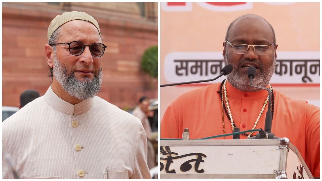 <div class="paragraphs"><p>MP and AIMIM president Asaduddin Owaisi;&nbsp;priest of a Ghaziabad-based temple, Yati Narsinghanand Giri Saraswati</p></div>