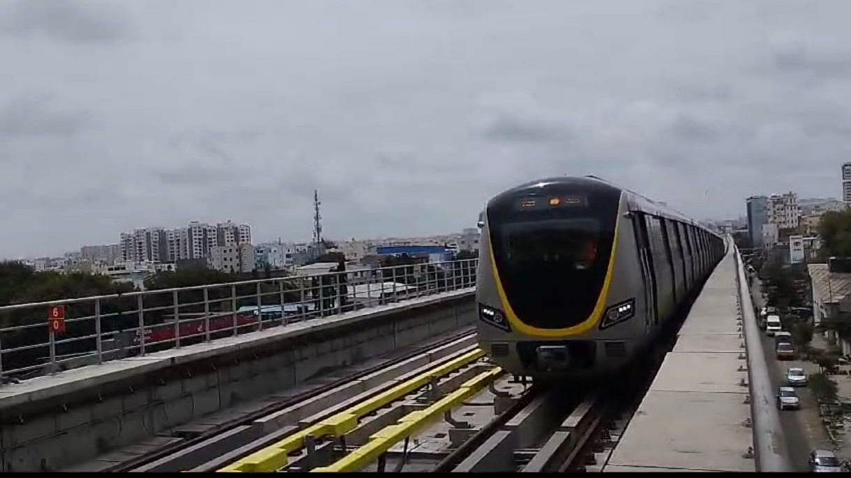 <div class="paragraphs"><p>A metro train runs during the oscillation trial on the&nbsp;Yellow Line in Bengaluru. </p></div>