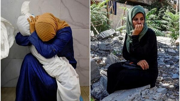 <div class="paragraphs"><p>A combination picture shows Palestinian woman Inas Abu Maamar, 36, embraces the body of her 5-year-old niece Saly, who was killed in an Israeli strike, at Nasser hospital in Khan Younis in the southern Gaza Strip, October 17, 2023 (L) and Inas visits a damaged cemetery where Saly was buried, in Khan Younis in the southern Gaza Strip, September 11, 2024.</p></div>