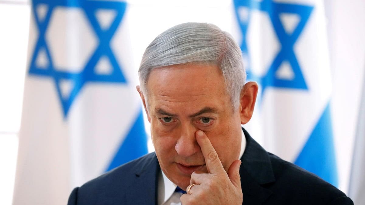 <div class="paragraphs"><p>Israeli Prime Minister Benjamin Netanyahu gestures during a weekly cabinet meeting in the Jordan Valley, in the Israeli-occupied West Bank.</p></div>