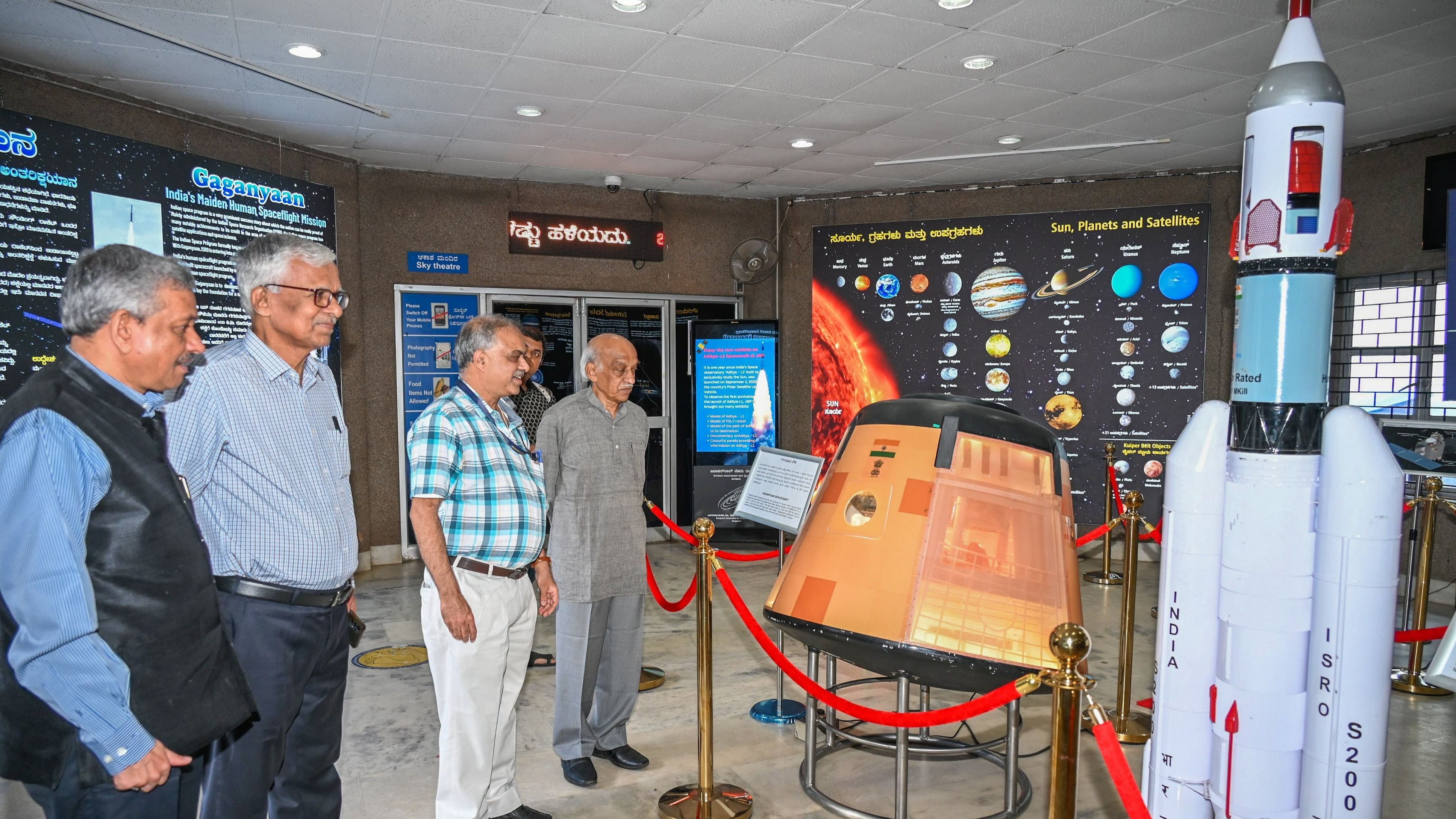 <div class="paragraphs"><p>Deviprasad Karnik, former Isro director of Publications and Public Relations; PJ Bhat, former director of the UR Rao Satellite Centre at Isro; BR Guruprasad,&nbsp; Director, Jawaharlal Nehru Planetarium; and AS Kiran Kumar, former Isro chairman look at exhibits at the planetarium on Sunday. </p></div>