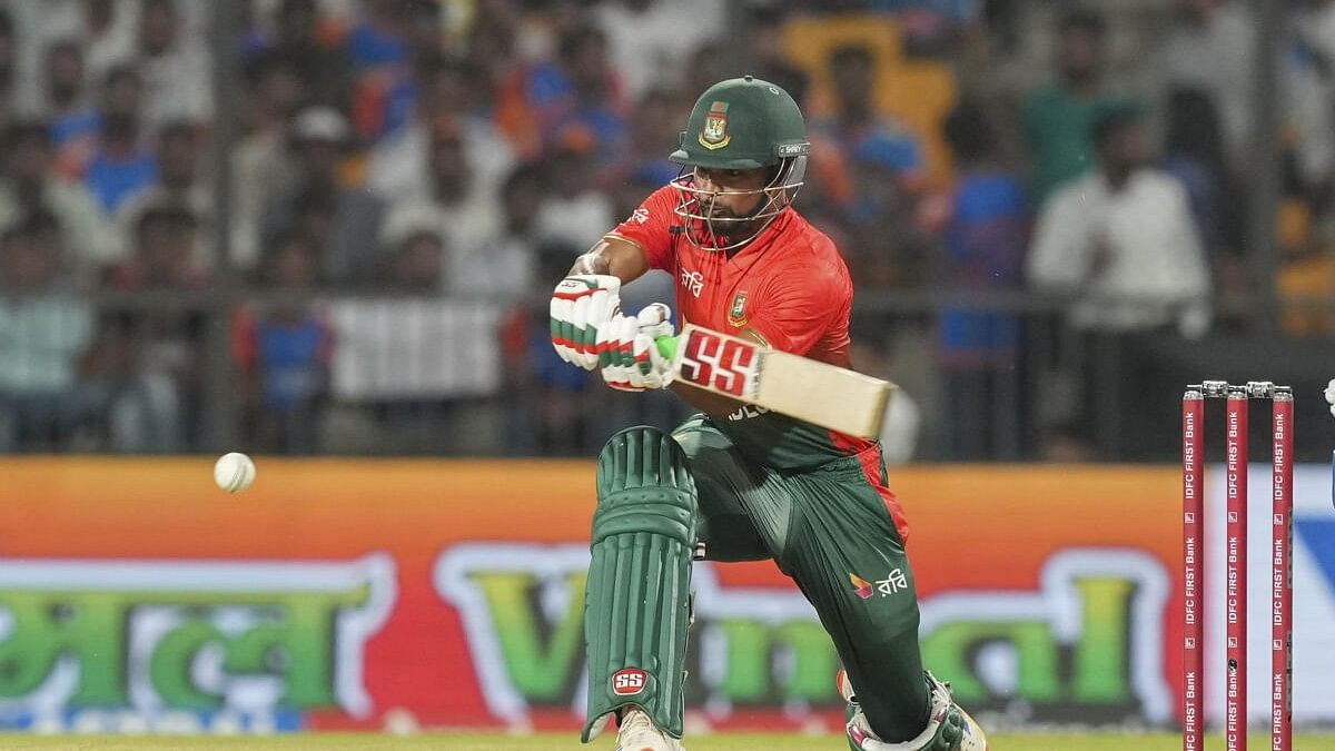 <div class="paragraphs"><p>Bangladesh’s captain Najmul Hossain Shanto plays a shot during the first T20 International cricket match between India and Bangladesh at Shrimant Madhavrao Scindia Cricket Stadium, in Gwalior, Sunday, October 6, 2024.</p></div>