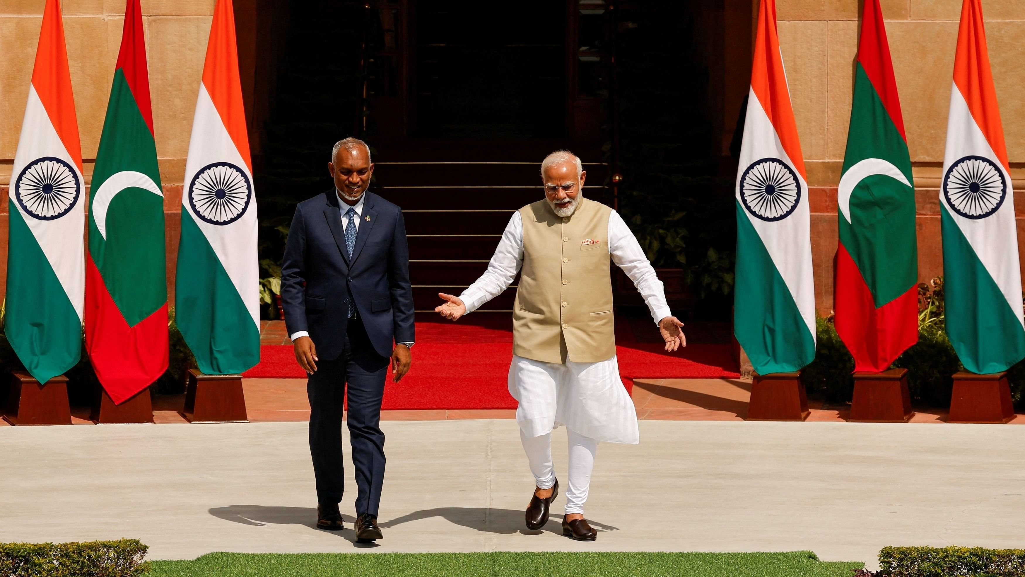 <div class="paragraphs"><p>Maldives' President Mohamed Muizzu meets with Indian Prime Minister Narendra Modi at Hyderabad House, New Delhi, India, October 7, 2024. </p></div>