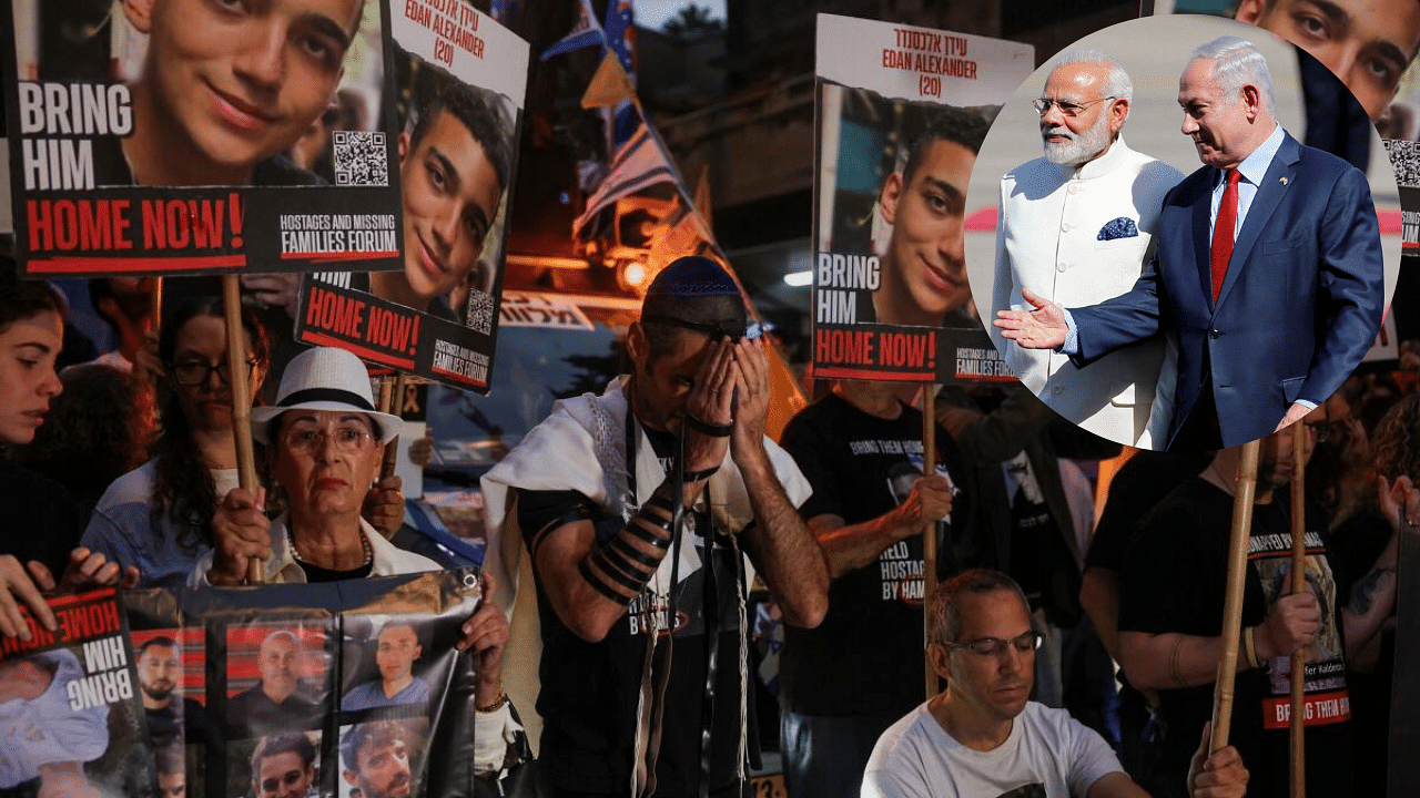 <div class="paragraphs"><p>Protesters march towards Israeli Prime Minister Benjamin Netanyahu's private residence, to mark one year since the deadly October 7 attack by Hamas, in Jerusalem, October 7, 2024. (Inset: Netanyahu and Indian Prime Minister Narendra Modi).</p></div>