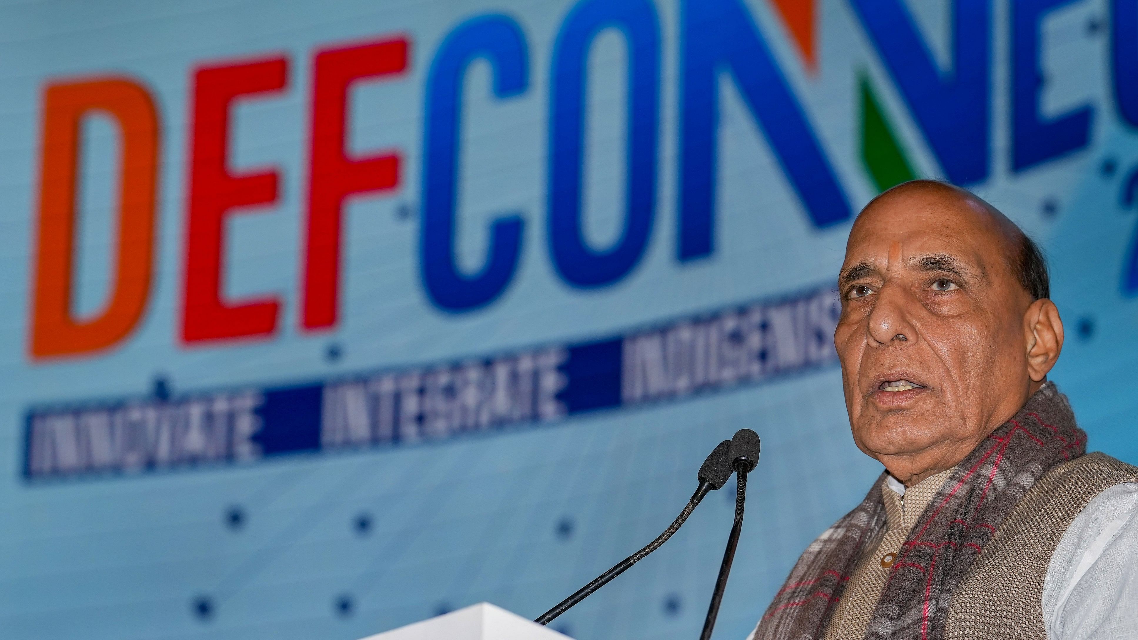 <div class="paragraphs"><p>Union Defence Minister Rajnath Singh at an earlier DefConnect event. File Photo</p></div>