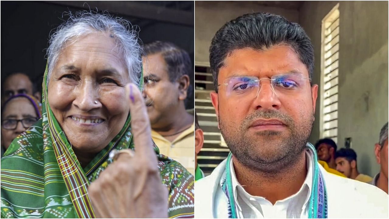 <div class="paragraphs"><p>Savitri Jindal(L) and JJP leader Dushyant Chautala </p></div>