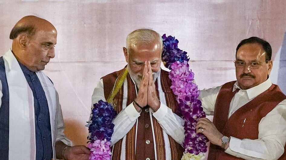 <div class="paragraphs"><p>Prime Minister Narendra Modi being felicitated by Union Defence Minister Rajnath Singh and Union Minister and BJP National President JP Nadda during an event in New Delhi</p></div>