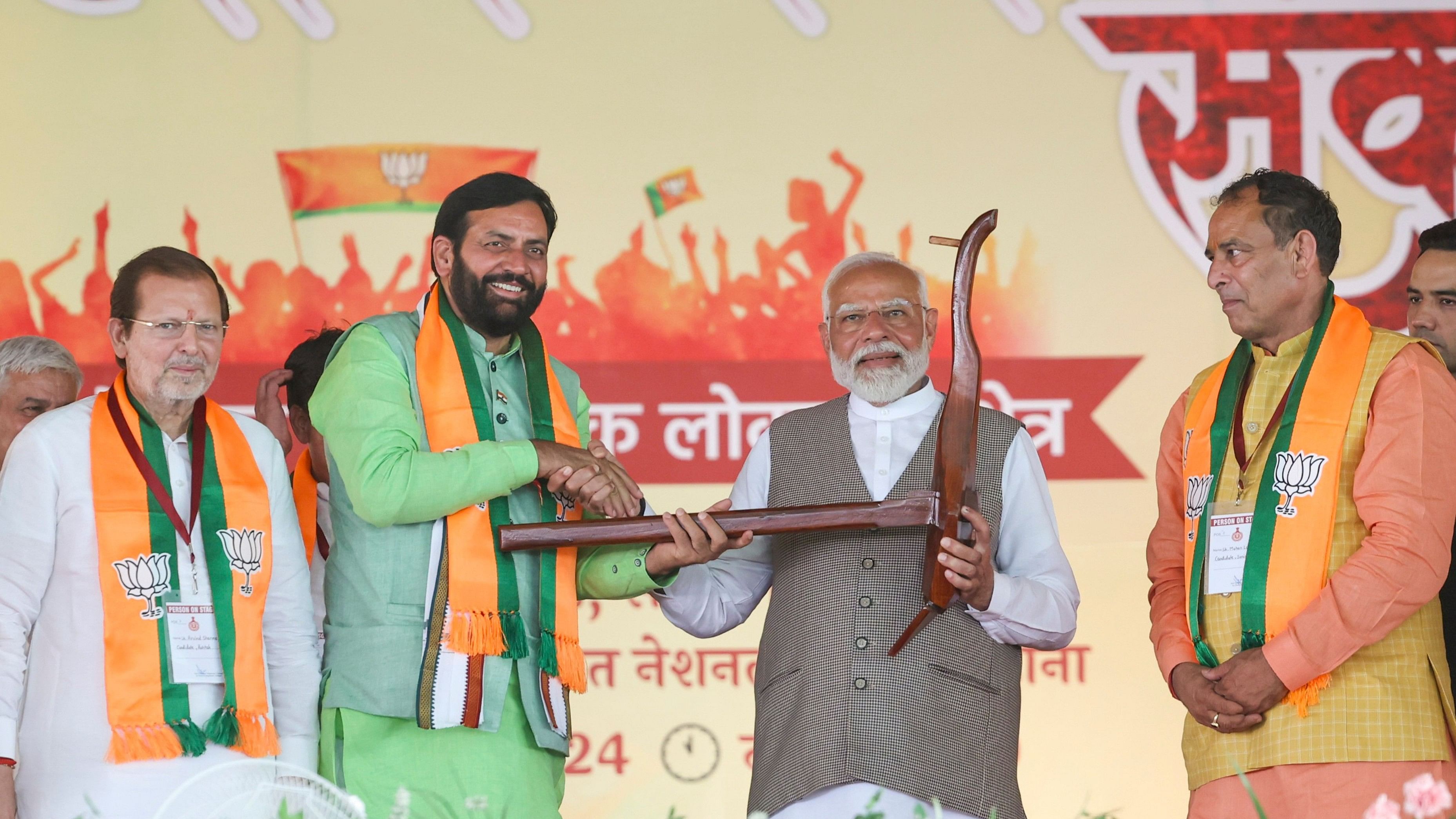 <div class="paragraphs"><p> File Photo: Prime Minister Narendra Modi being felicitated by Haryana Chief Minister Nayab Saini, BJP candidate from Sonipat constituency Mohan Lal Badoli, party candidate from Rohtak constituency Arvind Sharma and others during a public meeting  in Sonipat district, </p></div>