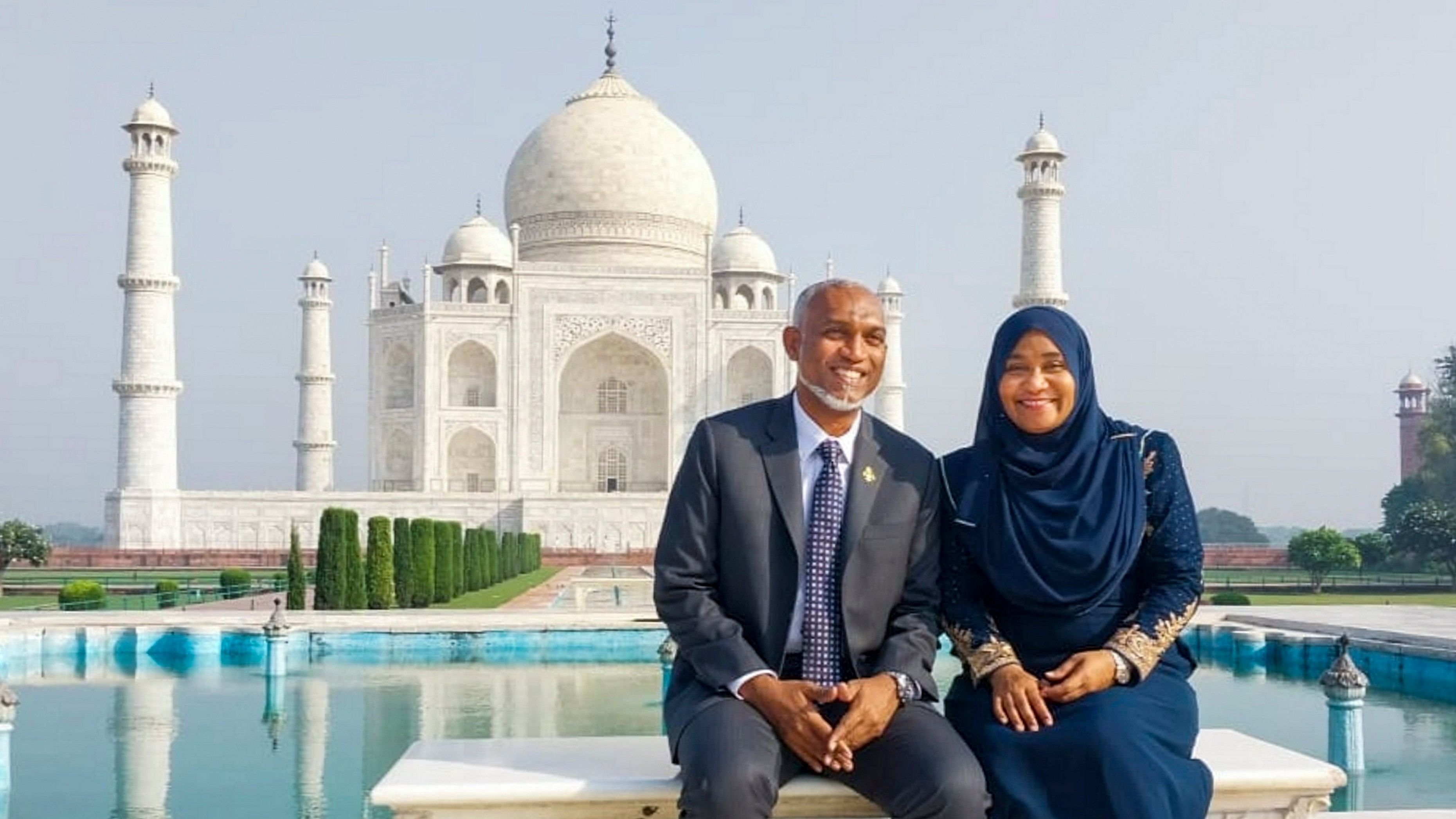 <div class="paragraphs"><p>Agra: Maldives President Mohamed Muizzu with wife Sajidha Mohamed during a visit to Taj Mahal, in Agra, Tuesday, Oct. 8, 2024.</p></div>