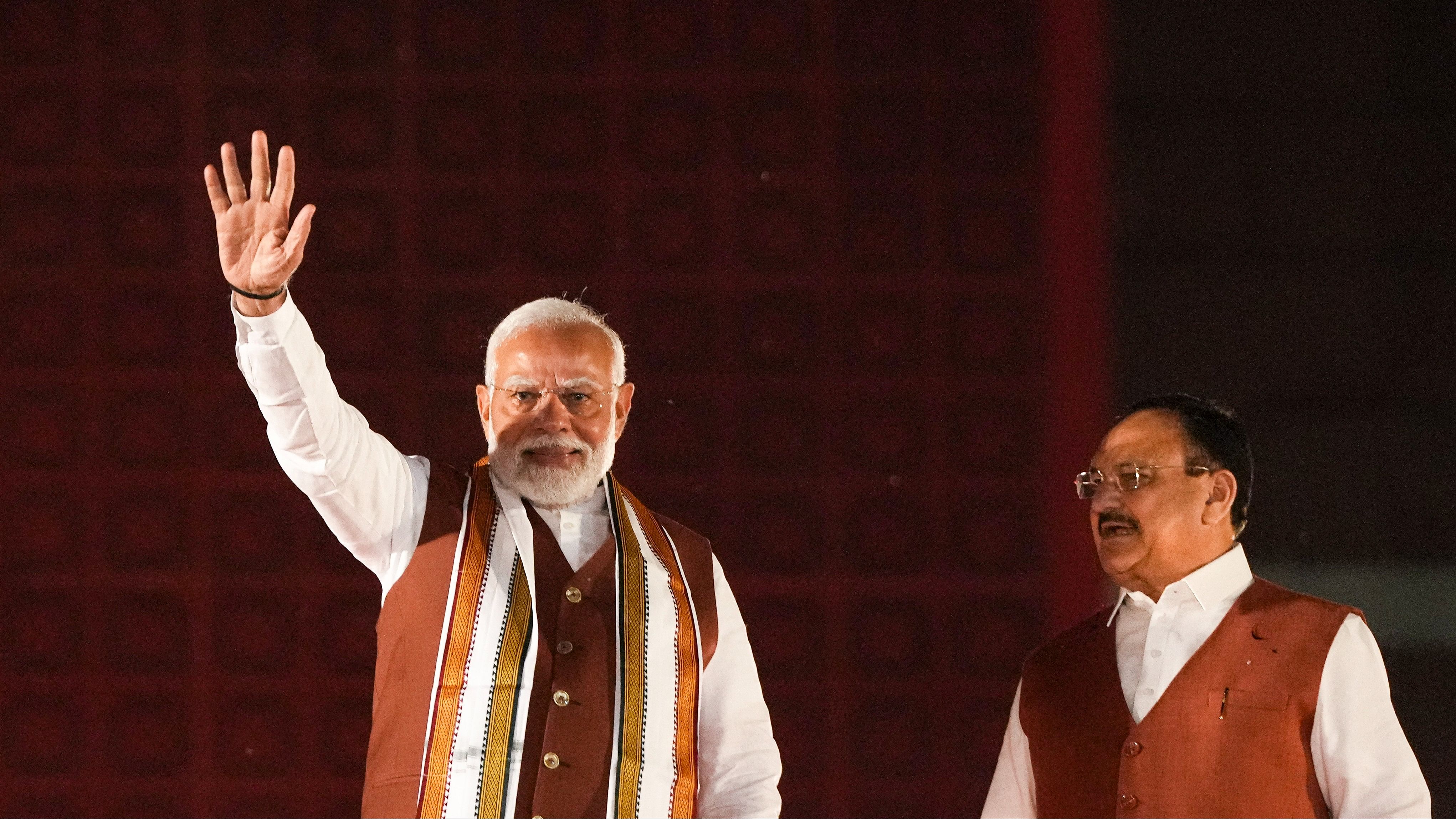 <div class="paragraphs"><p>Prime Minister Narendra Modi and Union Minister and BJP National President JP Nadda greet the gathering at the party headquarters after the declaration of results for the Haryana and Jammu and Kashmir Assembly elections, in New Delhi, Tuesday, Oct. 8, 2024.</p></div>