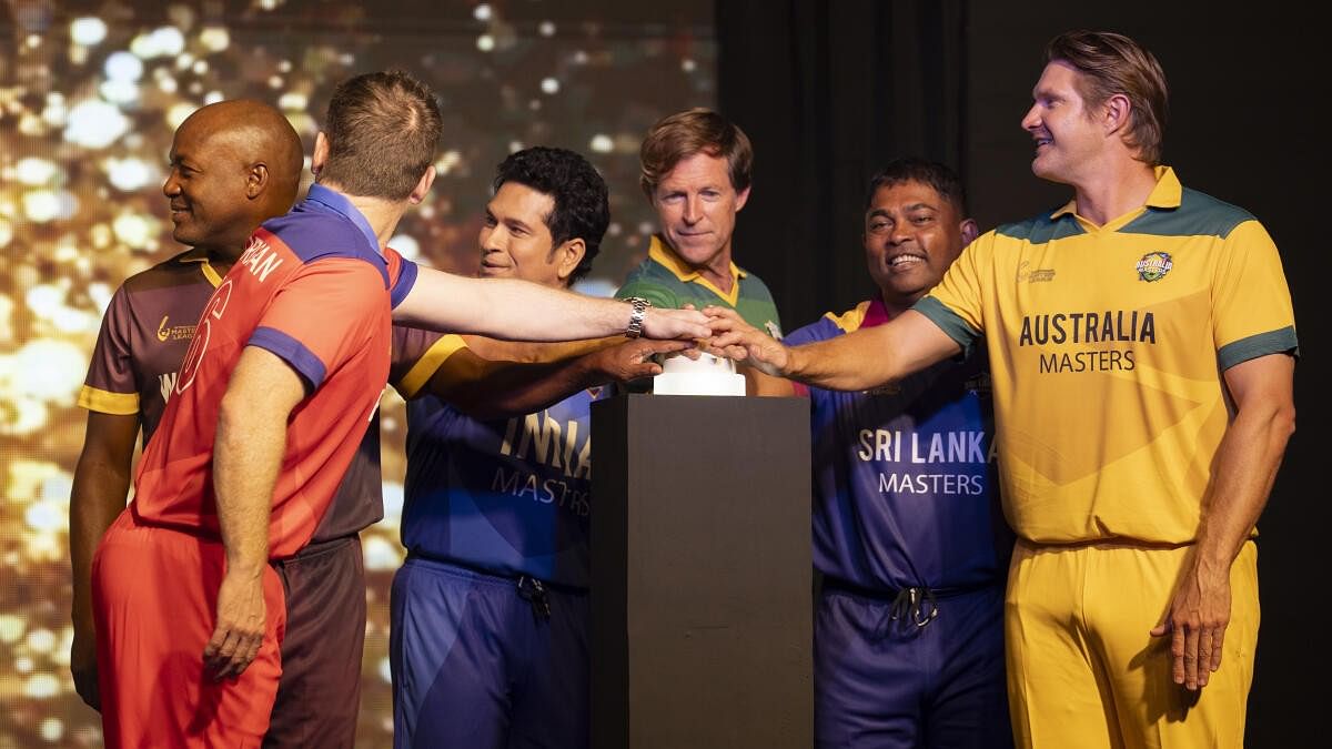 <div class="paragraphs"><p>England's Eoin Morgan, West Indies' Brian Lara, India's Sachin Tendulkar, South Africa's Jonty Rhodes, Sri Lanka's Romesh Kaluwitharana and Australia's Shane Watson during the launch of International Masters League, in Mumbai, Tuesday, Oct. 8, 2024. </p></div>