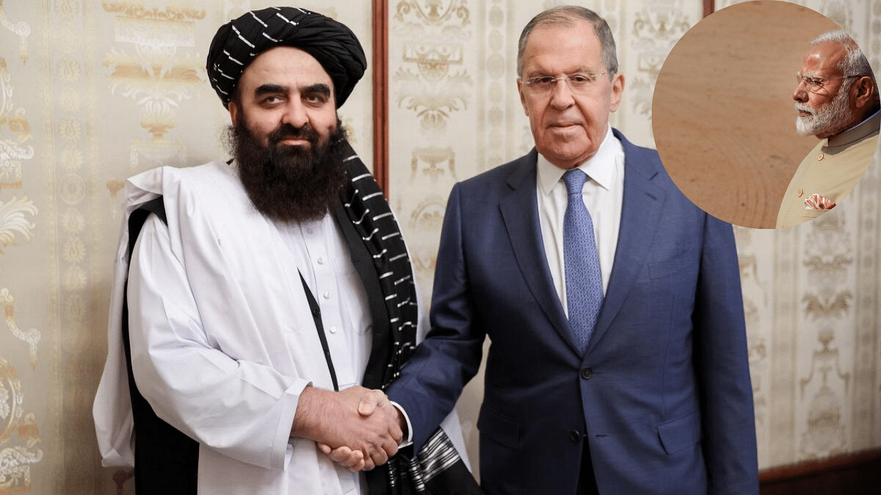 <div class="paragraphs"><p>Russian Foreign Minister Sergei Lavrov meets Taliban's Acting Foreign Minister Amir Khan Muttaqi in Moscow. (Inset: Indian Prime Minister Narendra Modi).</p></div>