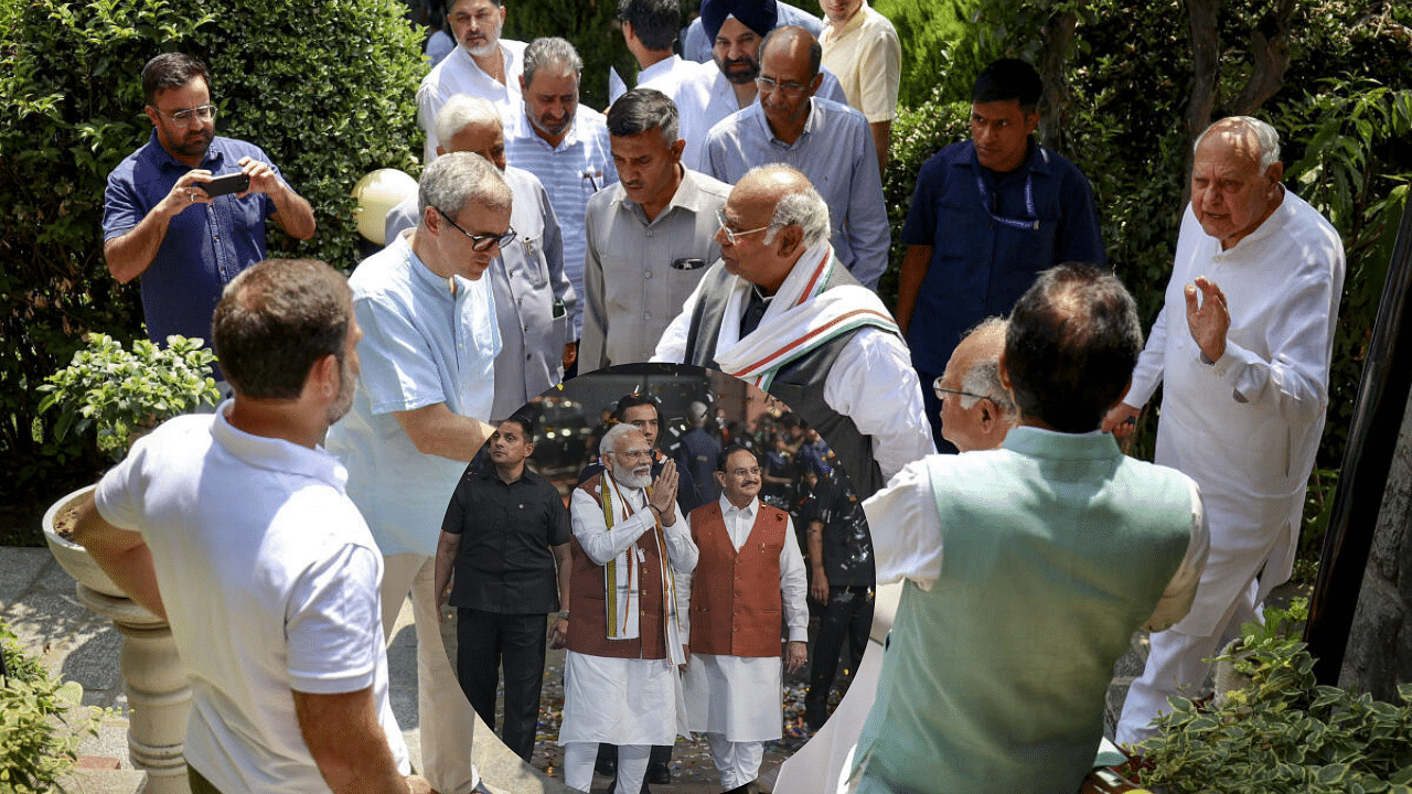 <div class="paragraphs"><p>Congress President Mallikarjun Kharge and party leader Rahul Gandhi with J&amp;K National Conference President Farooq Abdullah and Vice President Omar Abdullah. (Inset: PM Narendra Modi and BJP President J P Nadda).</p></div>