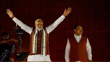 <div class="paragraphs"><p>PM Narendra Modi gestures at the Bharatiya Janata Party (BJP) headquarters as BJP celebrates its win in the Haryana state assembly elections, in New Delhi, India, October 8, 2024.</p></div>