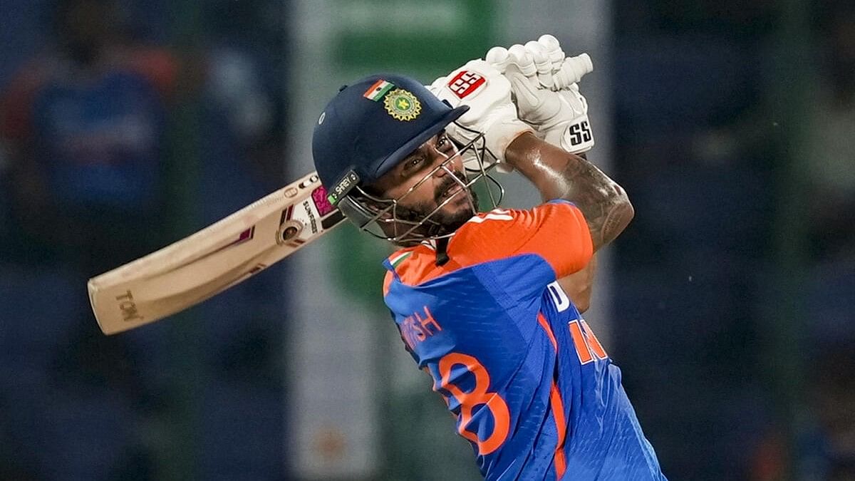 <div class="paragraphs"><p>Nitish Kumar Reddy plays a shot during the second T20 International cricket match between India and Bangladesh at the Arun Jaitley Stadium, in New Delhi, Wednesday, October 9, 2024.</p></div>