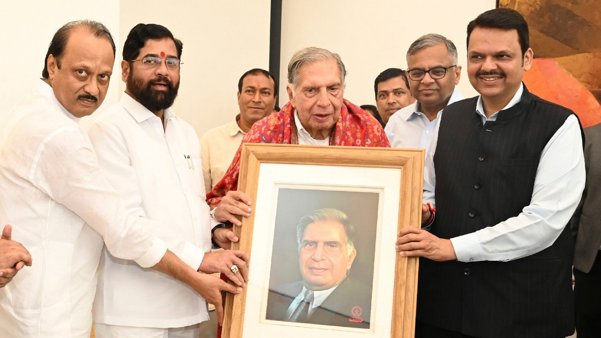 <div class="paragraphs"><p>Industrialist Ratan Tata being conferred the first ever Udyog Ratna award by Maharashtra Chief Minister Eknath Shinde and Deputy Chief Ministers Devendra Fadnavis and Ajit Pawar at Tata's residence at Colaba, in Mumbai, Saturday, Aug. 19, 2023. </p></div>