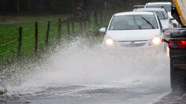 <div class="paragraphs"><p>Vehicles drive along a flooded road as heavy rains continue in Vertou near Nantes, France October 9, 2024. </p></div>