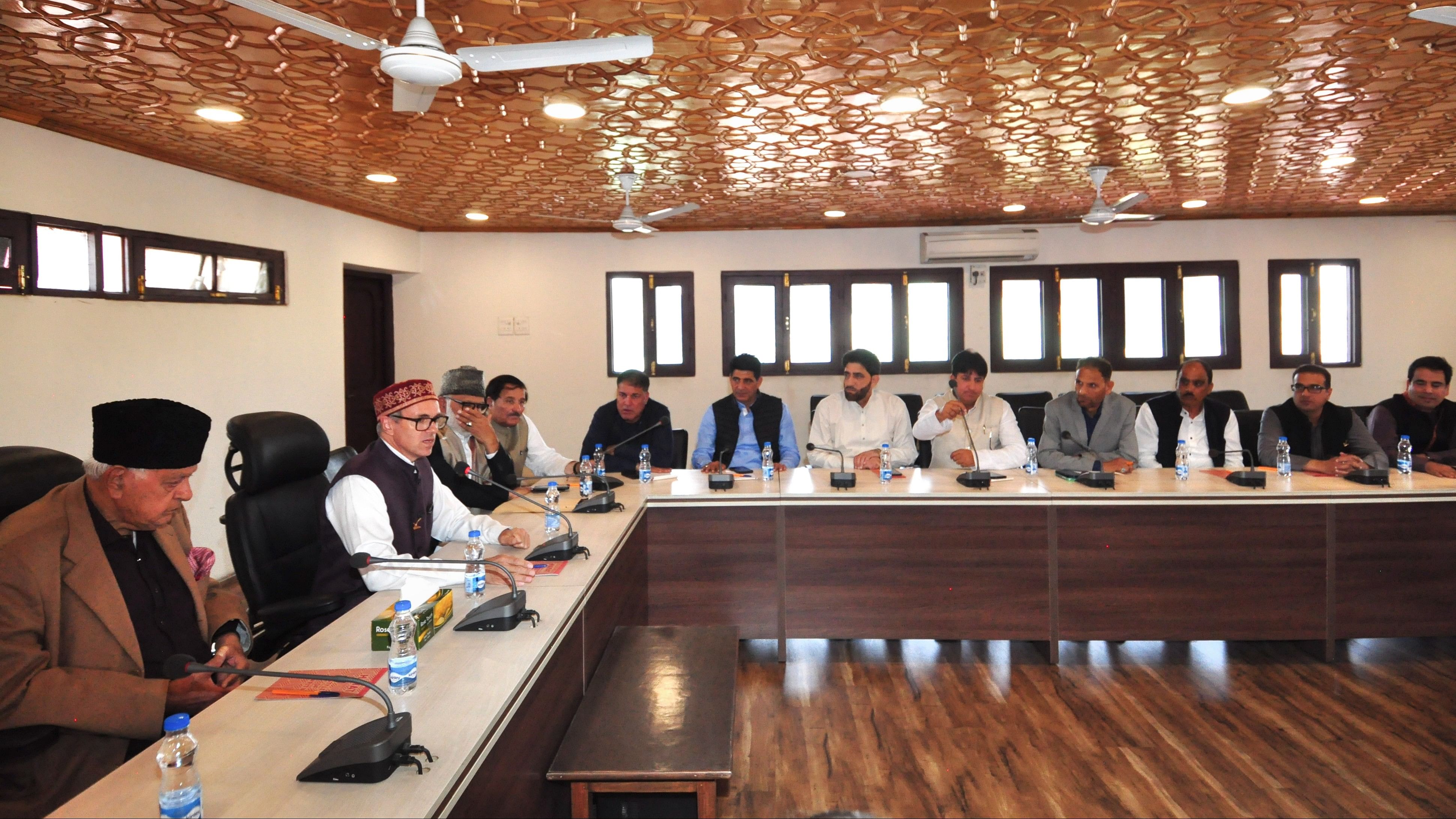 <div class="paragraphs"><p>National Conference President Farooq Abdullah, Vice President Omar Abdullah and others during the party's Legislature Party Meeting.</p></div>