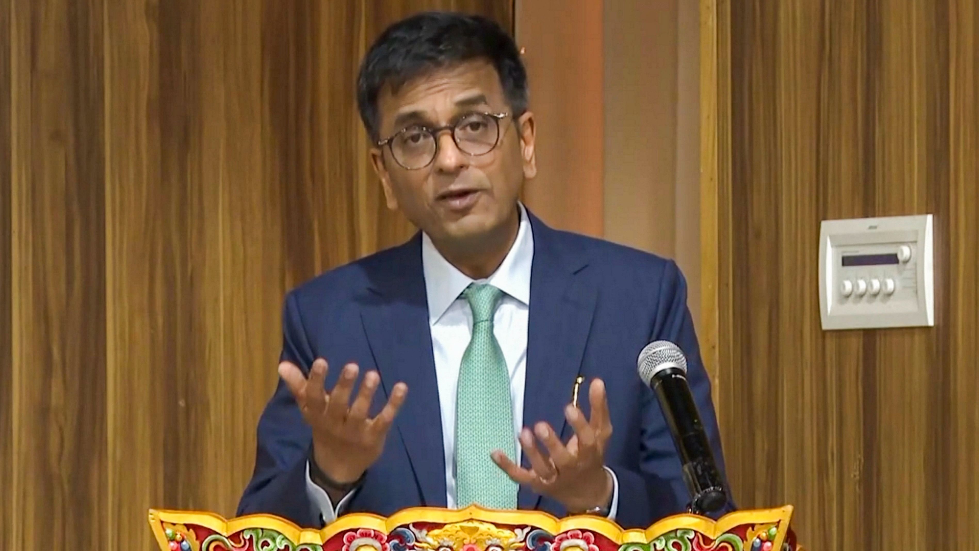 <div class="paragraphs"><p>Chief Justice of India DY Chandrachud addresses at an event of Royal University of Bhutan, in Thimphu, Thursday, Oct. 10, 2024.</p></div>