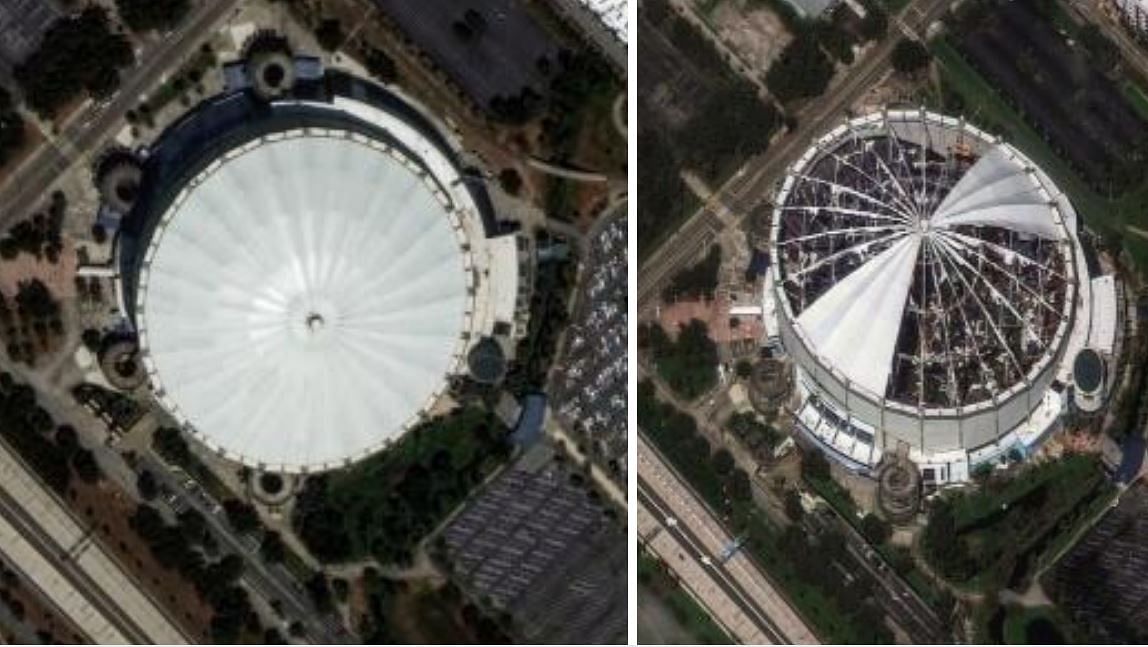 <div class="paragraphs"><p>A combination picture shows a satellite view of the Tropicana Field before (left) and after (right) the passing of Hurricane Milton, in St Petersburg, Florida, U.S., June 3, 2024, and October 10, 2024. </p></div>