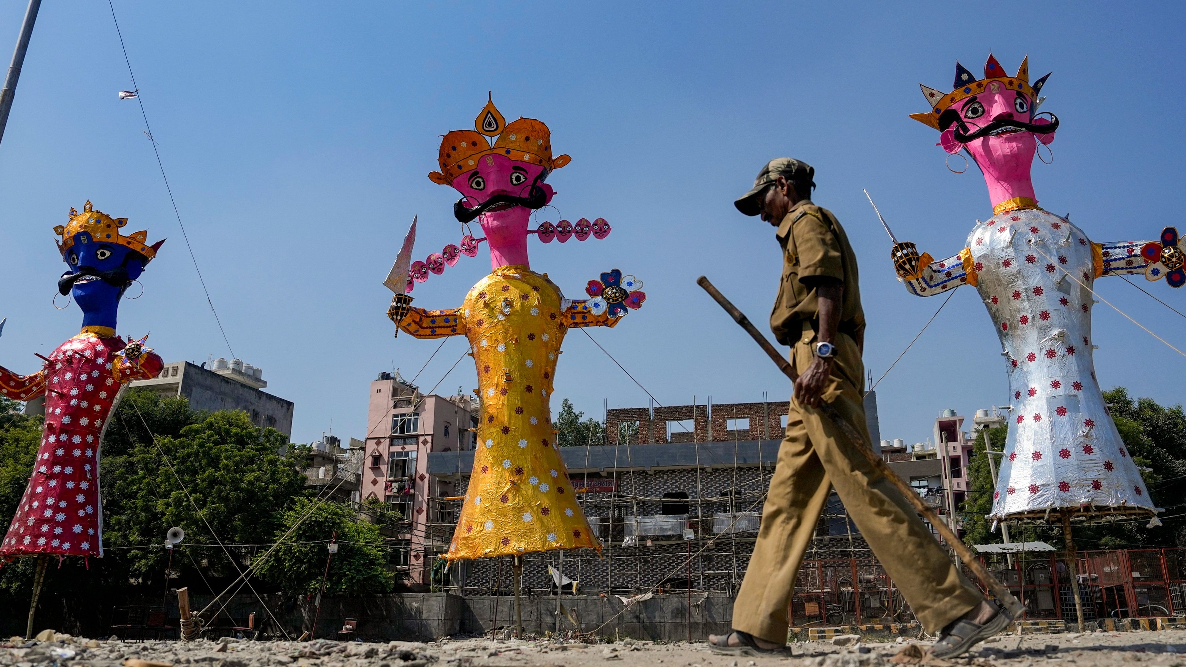 <div class="paragraphs"><p>Effigies of demon King Ravana, Meghnad and Kumbhkaran installed at a ground on the eve of Dussehra festival, at Rani Garden Shastri Nagar,in East Delhi,Friday, Oct. 11, 2024.</p></div>