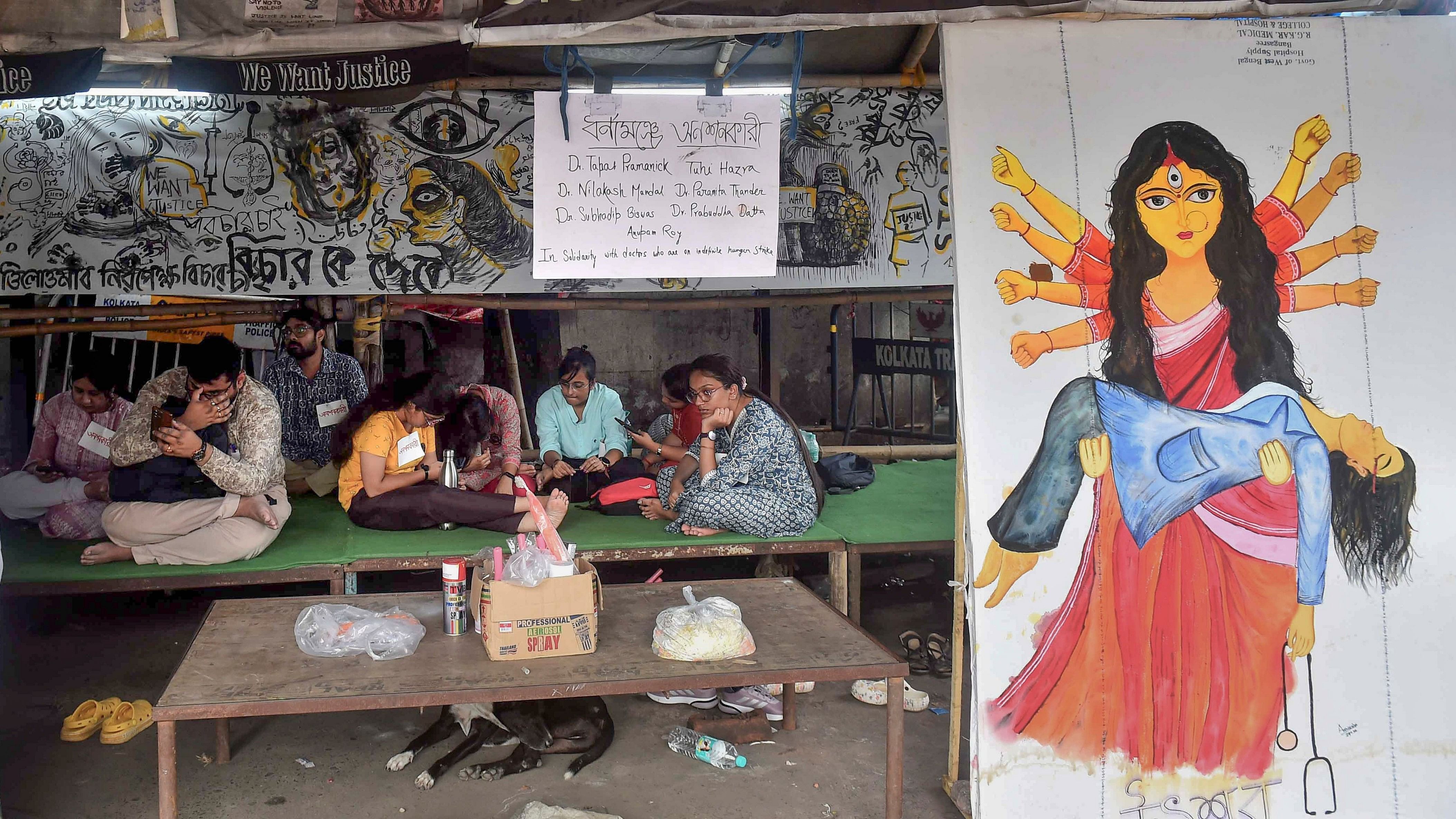 <div class="paragraphs"><p> Junior doctors during their hunger strike over the alleged sexual assault and murder of a trainee doctor, in Kolkata, Wednesday, October 9, 2024. </p></div>